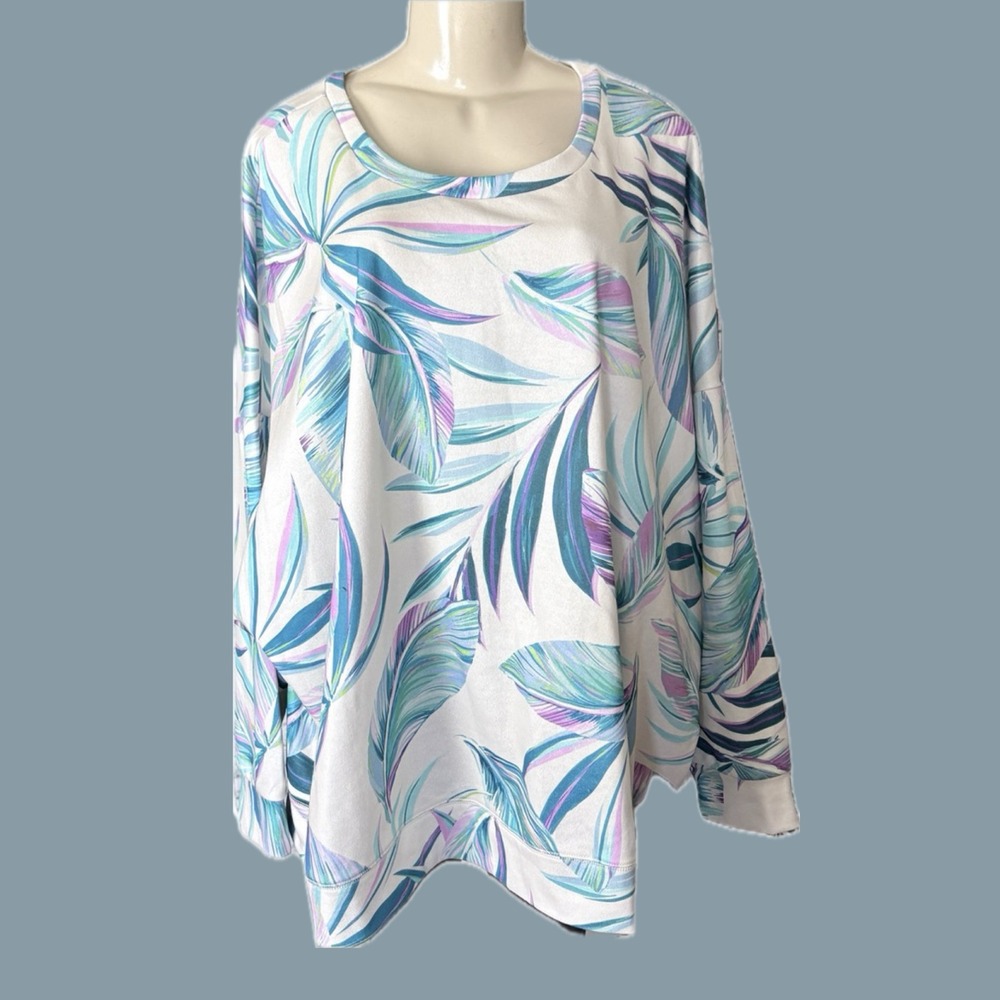 Torrid 4X White Teal Tropical Palm Leaf Print Sweatshirt Raglan Long Sleeve